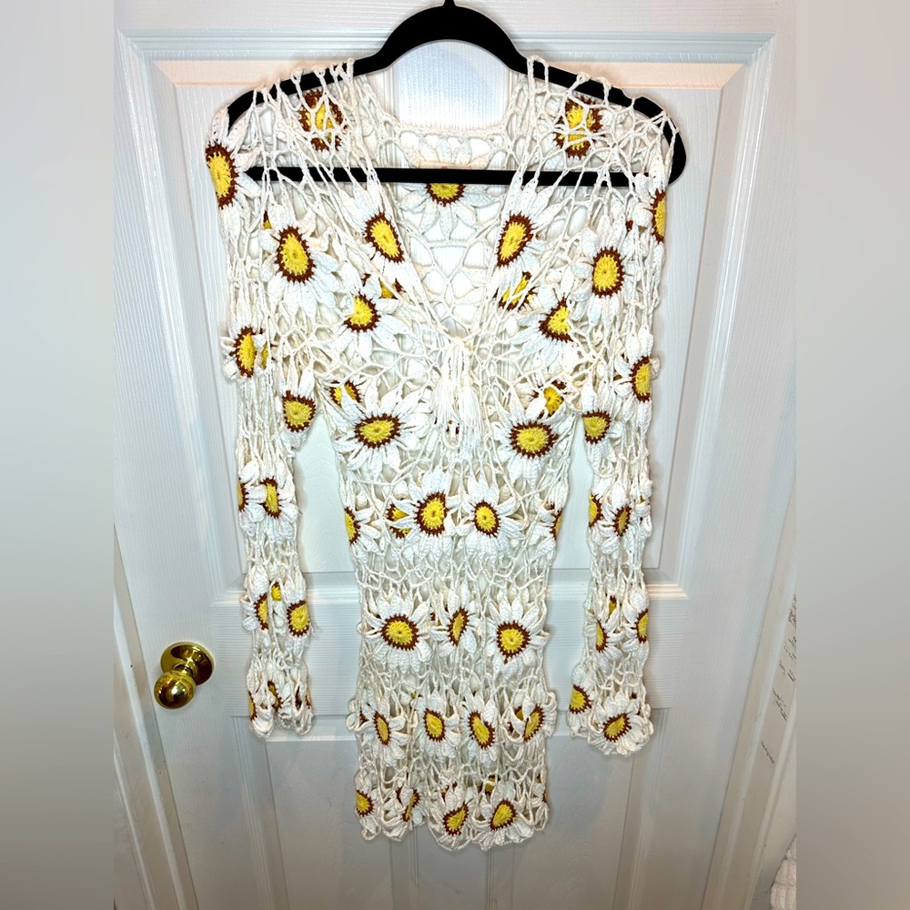 Daisy Dreams Ivory Sheer Crochet Mini Dress Boho Festival Beach Cover Up Large - Picture 4 of 9